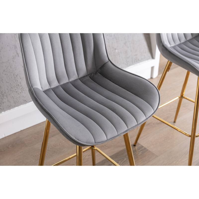 26 Inch Set of 2 Bar Stools,with Chrome Footrest Velvet Fabric Counter Stool Golden Leg Simple Bar Stool