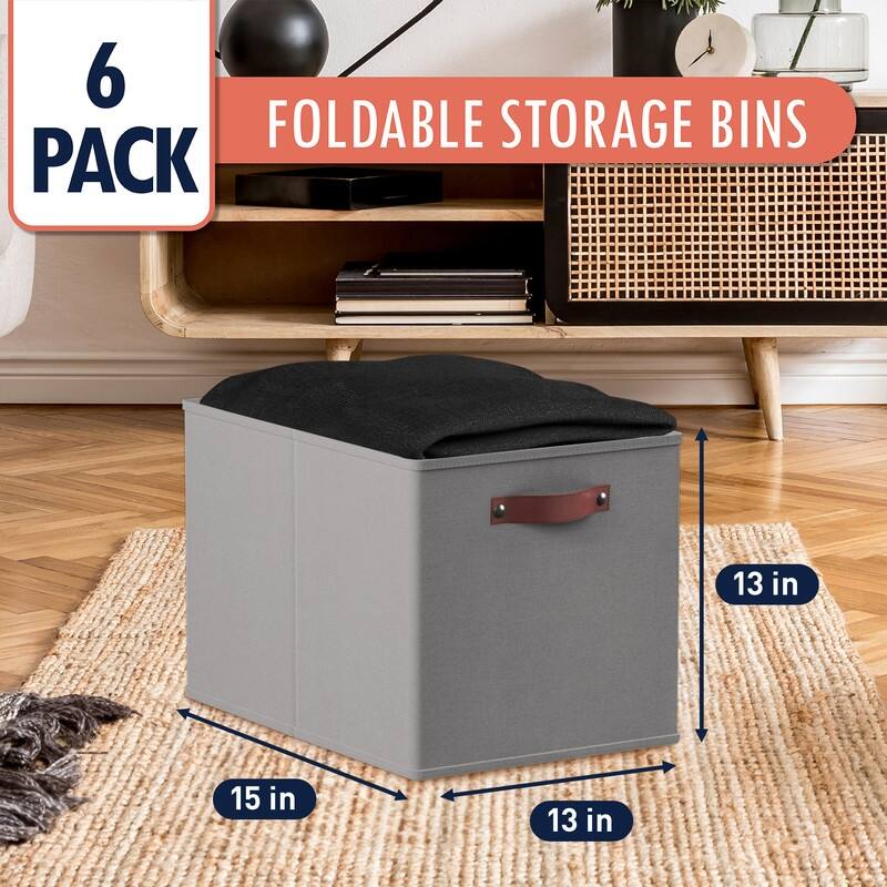 Foldable Collapsible Storage Box Bins Linen Fabric Shelf Basket Cube Organizer with Leather Handles - Set of 6