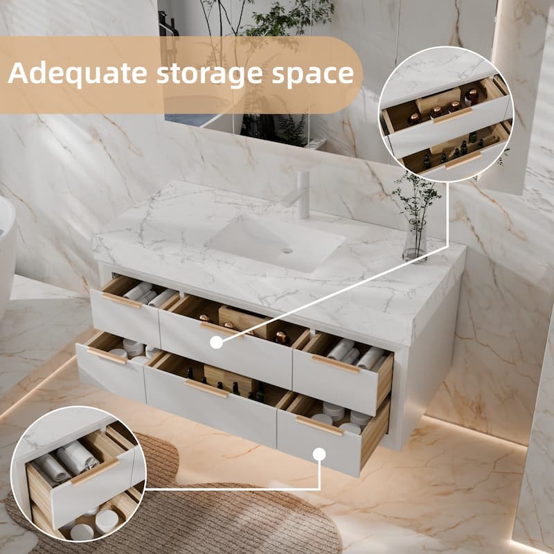 Modland 48" Modern Floating Bathroom Vanity with Single Sink, Soft-Close Drawers, White Stone Countertop