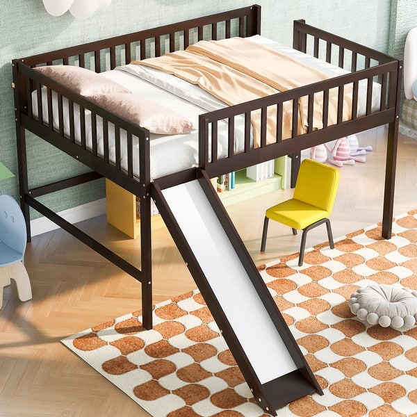 slide 2 of 7, Espresso Full Size Pine Wood Low Loft Bed with Vertical Ladder and Removable Slide Espresso