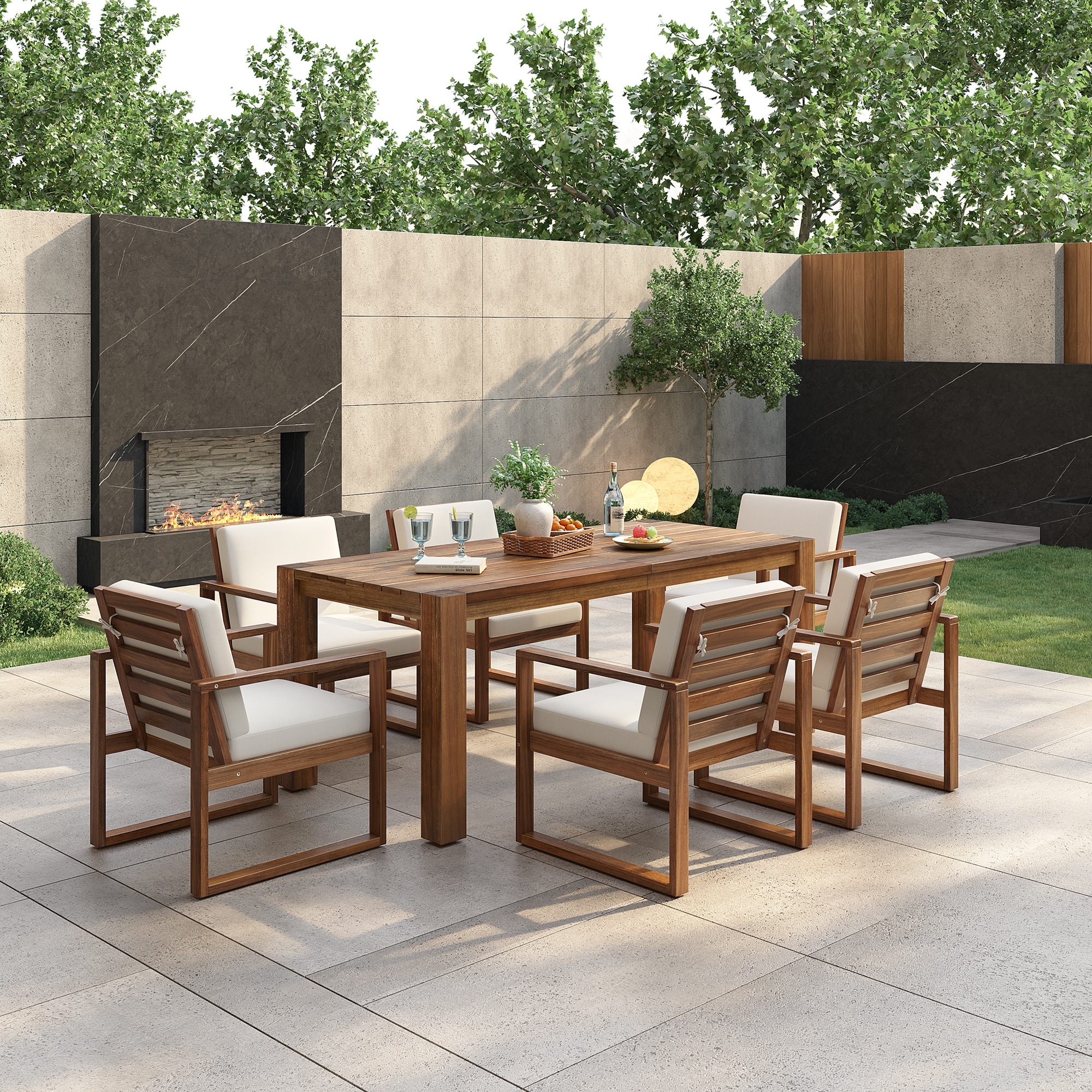 Acacia Wood 7-Piece Outdoor Dining Set for 6 with Removable Cushion and Umbrella Hole