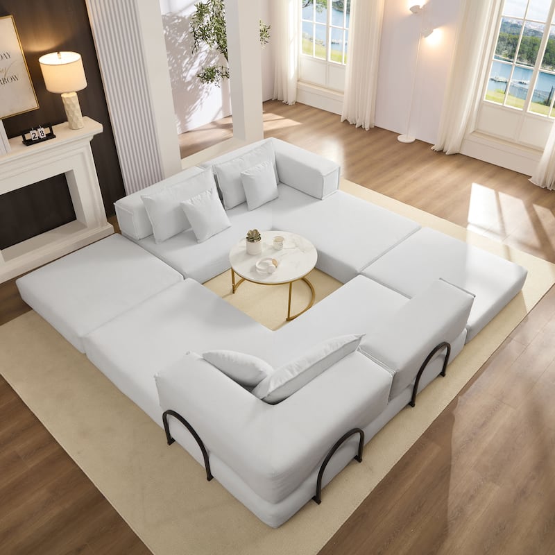 DIY Modular Corduroy L-Shaped Floor Sofa Set with 6 Pillows