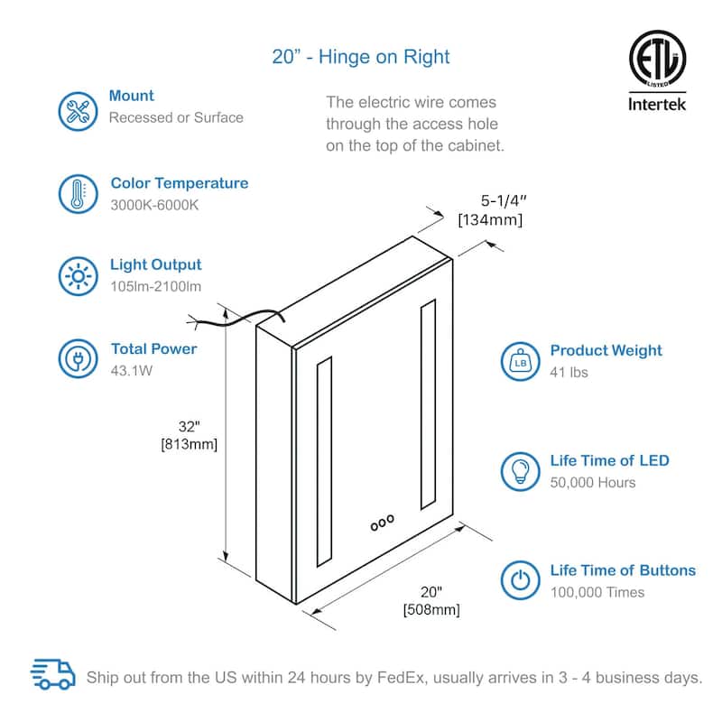 LED-lit Medicine Cabinet with Mirrors, Defogger, and USB Outlets