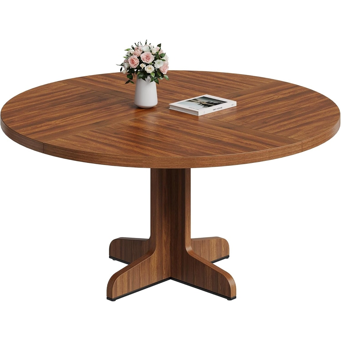 47" Round Dining Table for 4, Farmhouse Kitchen Table with Wood Top & Stable Base, Brown