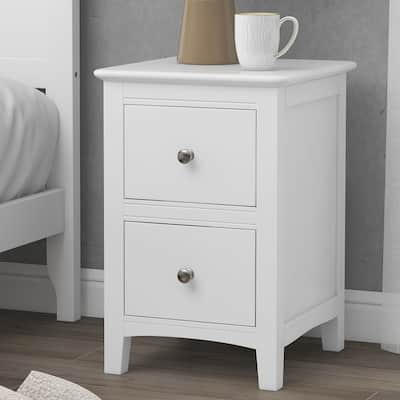 2 Drawers Solid Wood Nightstand in White