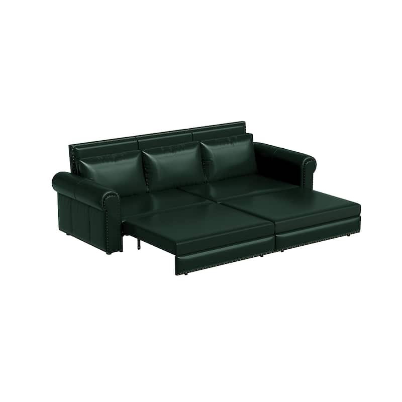 King Pull Out Sofa Bed, 3-in-1 Convertible Leather Sleeper Sofa, Chaise Lounge Daybed with Nailhead Trim & Rolled Arm