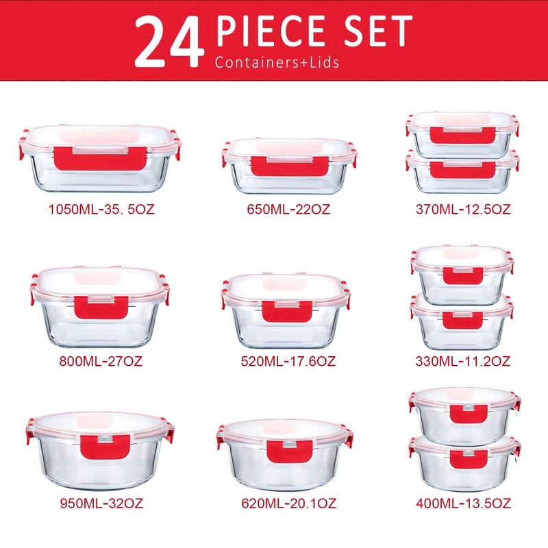 24-Piece Glass Food Storage Containers with Upgraded Snap Locking Lids,Glass Meal Prep Containers Set