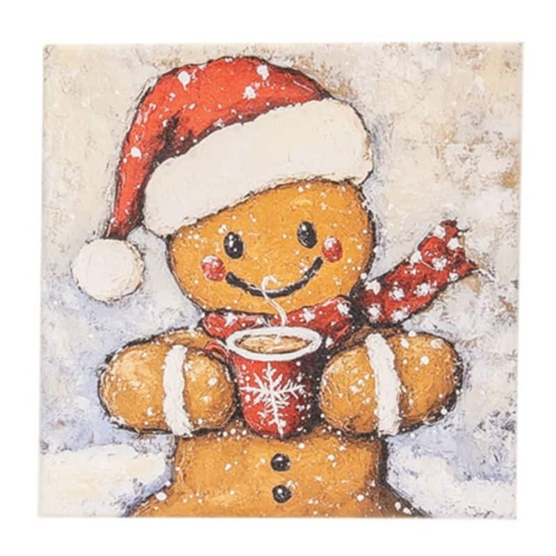 Hot Cocoa Gingerbread Man Canvas Wall Art with Wood Frame Winter Holiday Home Decor - 8" H x 8" W x .75" D