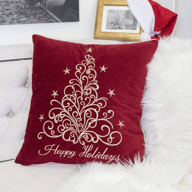 Happy Holidays Embroidered Velvet Throw Pillow - 20x20" Red Christmas Accent Cushion with Gold Detailing