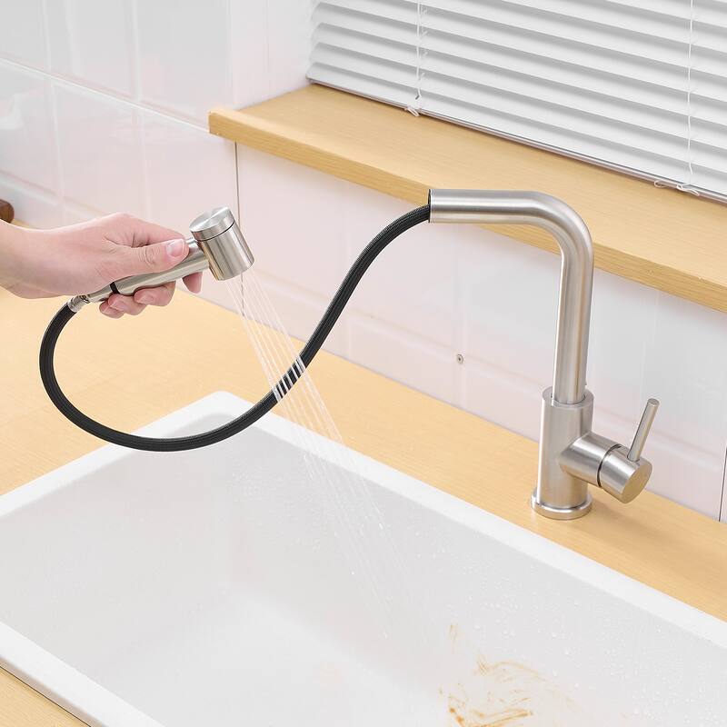 Modern Single Handle Single Hole Bathroom Sink Faucet with Pull Out Sprayer for Easy Rinsing and Cleaning