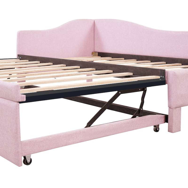 L-Shaped Daybed Twin To King Upholstered Daybed with Pop Up Trundle Linen & Wood Bed Frame for for Youth Teens or Adults