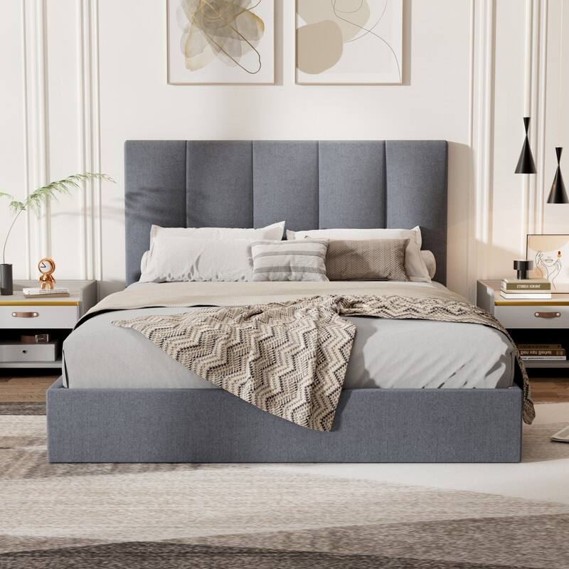 Modern Upholstered Lift-Up Storage Platform Bed with Headboard
