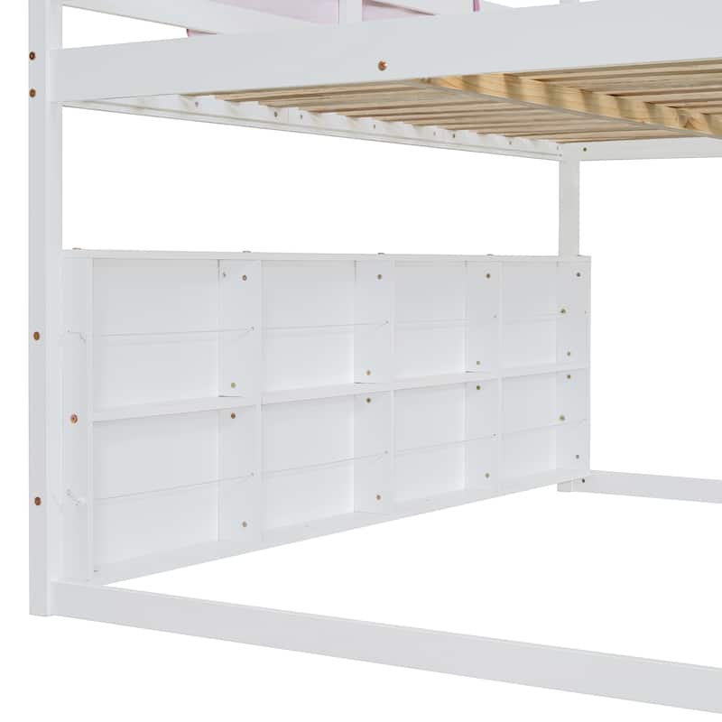 Full size Wooden Loft Bed House-shaped Frame with a Tent, White+Pink