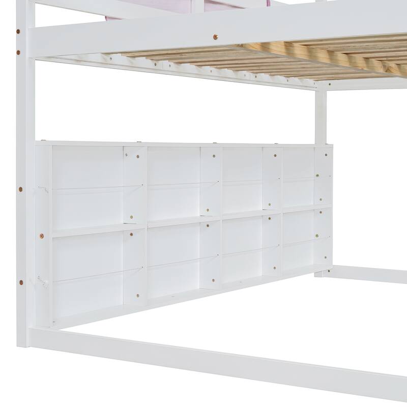 House-Shaped Wooden Loft Bed with Tent, Slide & Storage - Twin/Full Size in White & Pink