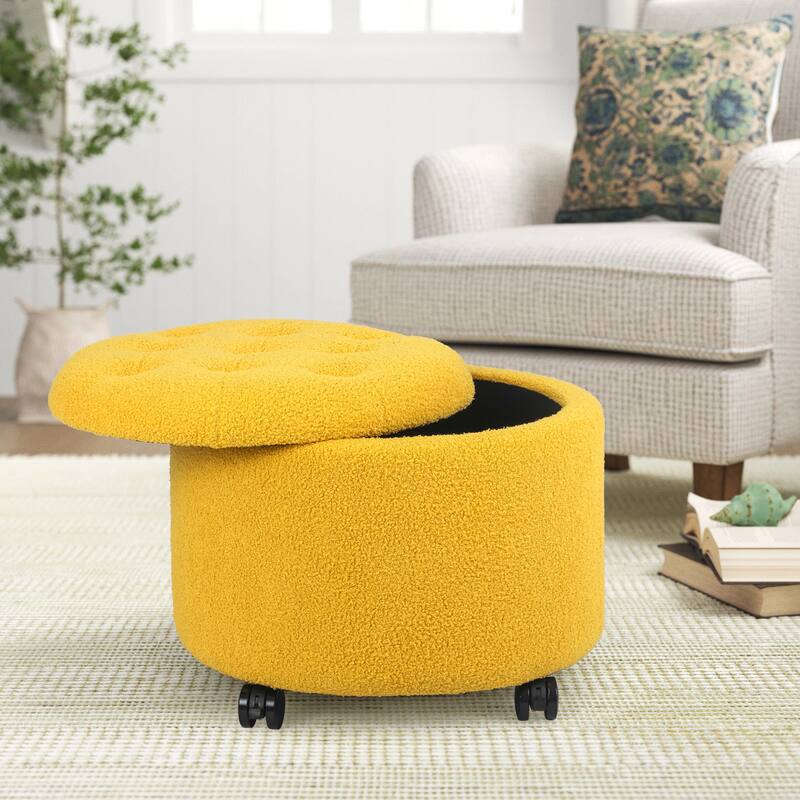 Adeco 20" Wide Button Tufted Round Storage Ottoman with Casters