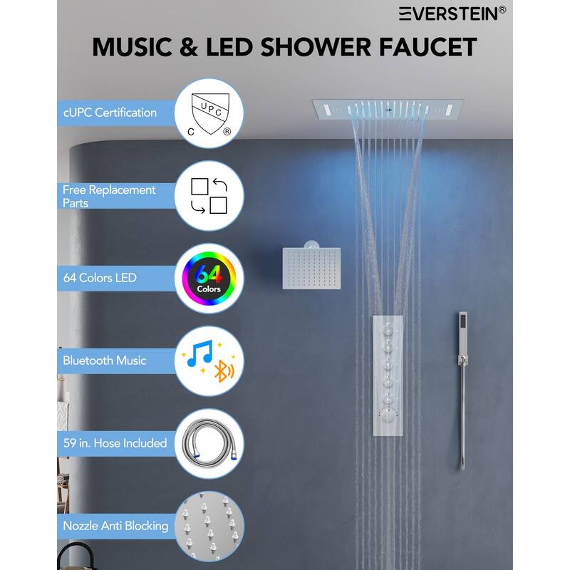 Dual Heads 20" Thermostatic Shower System, 64-Color LED Mood Lighting 3-Functions Shower Head with Bluetooth Music