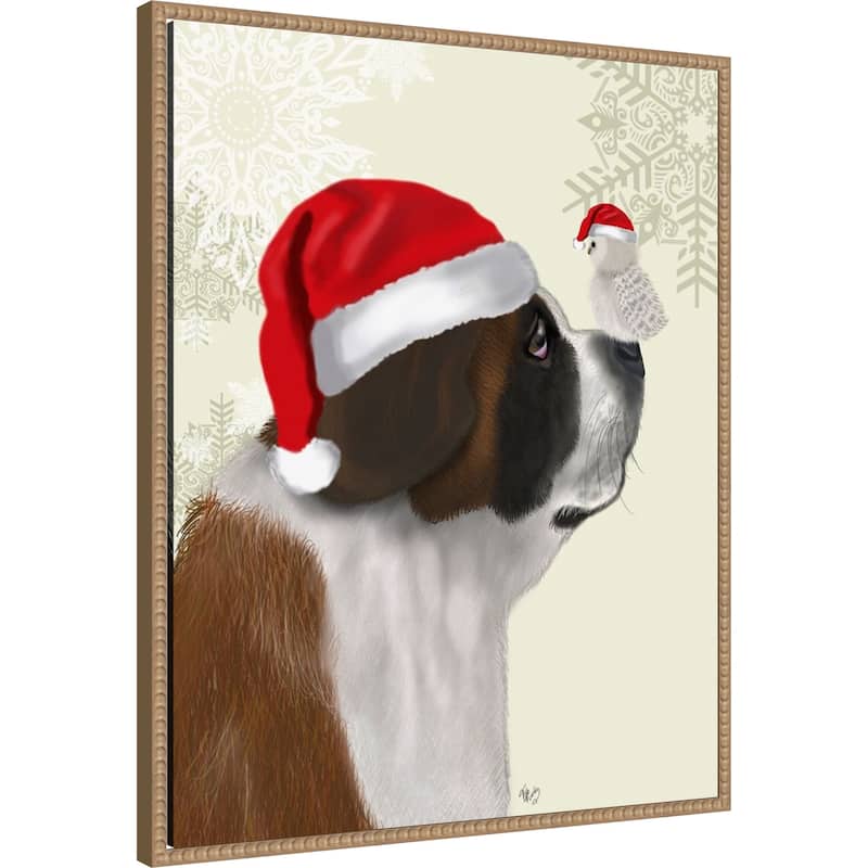 Christmas St Bernard and Fluffy Owl by Fab Funky (23 x 28 in.), Framed Canvas Wall Art Print - Sylvie Beaded Rustic Natural