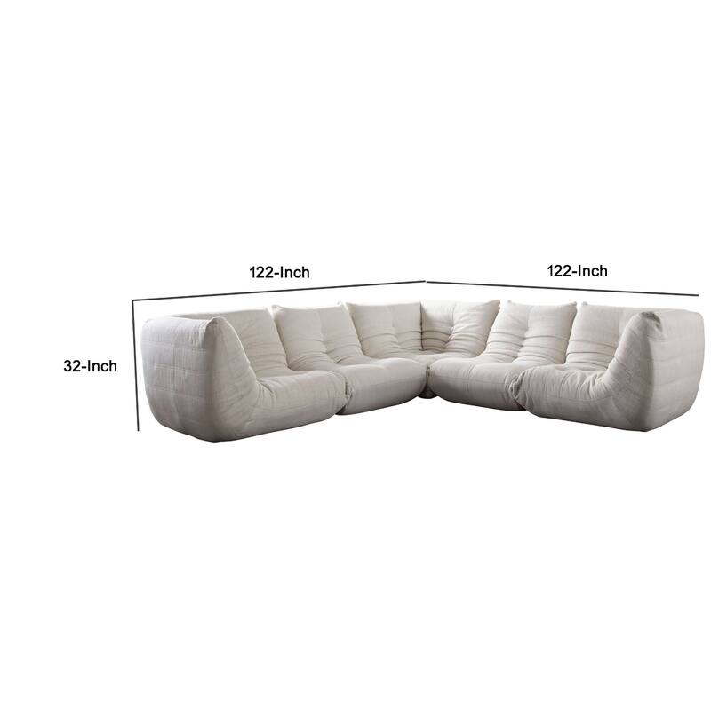 Ezee 5pc Modular L Shaped Sofa, Low Profile Floor Seating Cream Pleated Polyester