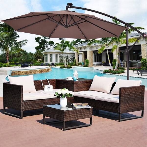 Shop Black Friday Deals On Costway 10 Patio Umbrella With Solar Power Led Lights And Base Tan Overstock 15801779