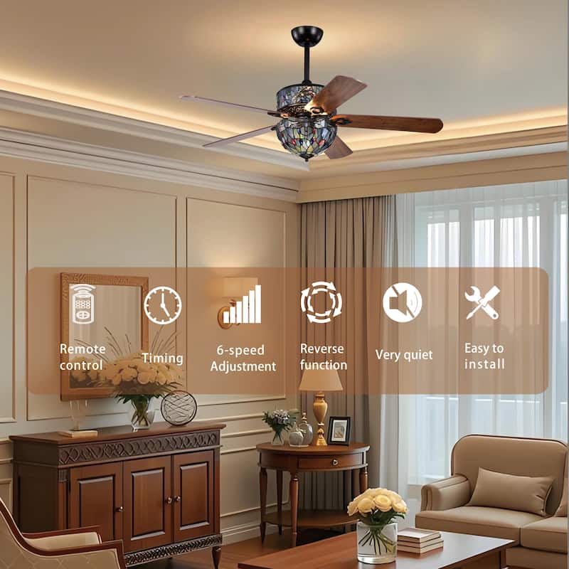 Barkol 5-Blade Lighted Ceiling Fan 2-Tier Tiffany Style Glass