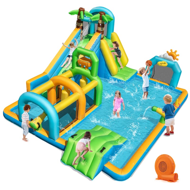 Costway Inflatable Water Park with Climbing Wall Basketball Rim Target - Multi-Colored - With 750 blower