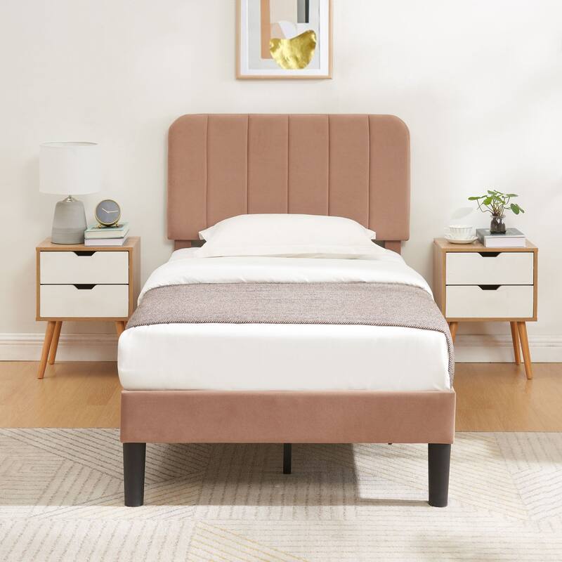 Kids Bed Frame, Height Adjustable Upholstered Bed, Twin Size Bed Set of 2
