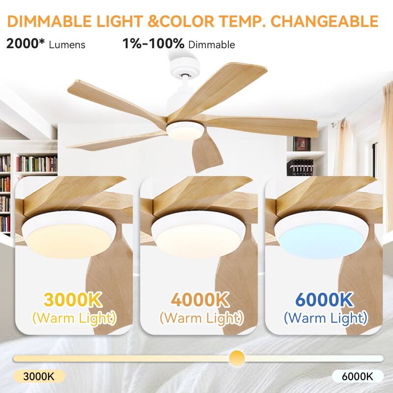 52 inch Solid Wood Ceiling Fan with Light,Quiet DC Motor,Reversible Airflow,for Living Room,Bedrom ,Farmhouse,Patio - 52 Inches