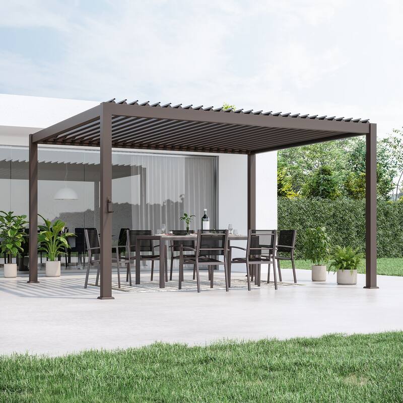 BONOSUKI Outdoor Aluminized Steel Louvered Pergola with Adjustable Roof, Brown - 12' x 14'