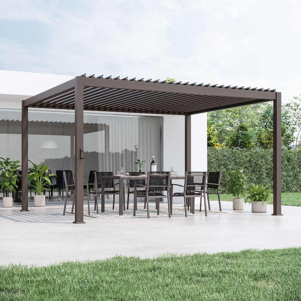 BONOSUKI Outdoor Aluminized Steel Louvered Pergola with Adjustable Roof, Brown