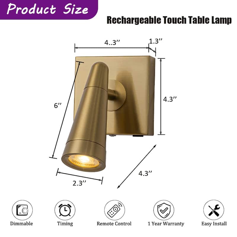 CraftHome Rechargeable Cordless Wall Sconce Brass Spot Light with Remote and Stepless Touch Dimming Adjustable Head Accent Light