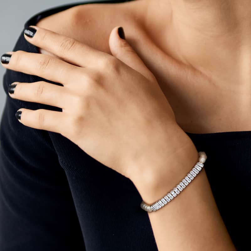Miadora 5.5-6mm Cultured Freshwater Pearl 3 5/8ct TGW CZ Bracelet Sterling Silver