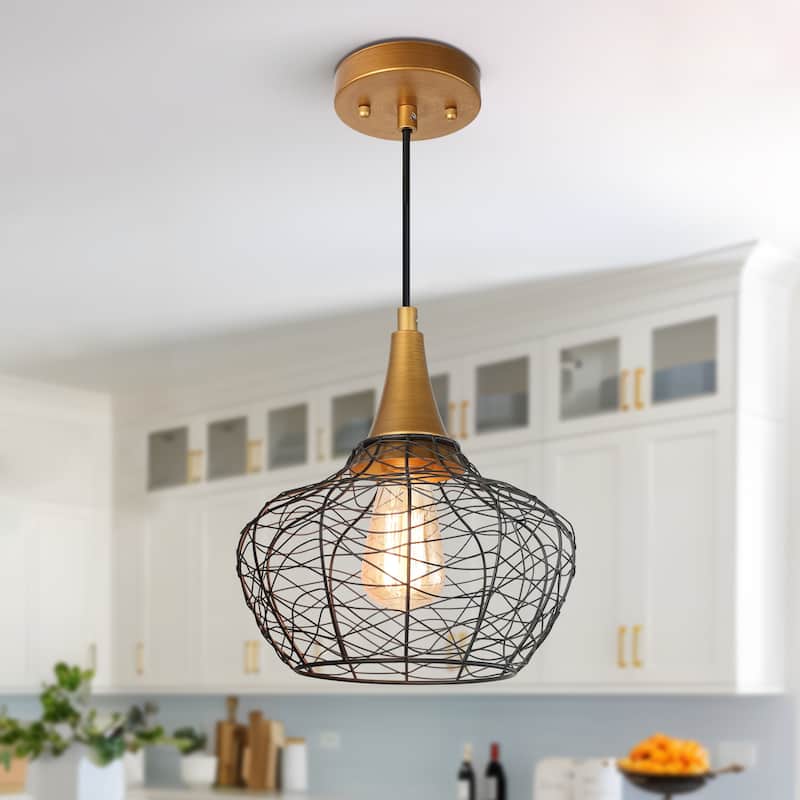Alisar Modern Farmhouse Black Lantern Metal Kitchen Island Wire Pendant - D10" x H73" - D10" x H73"  - Brushed Gold