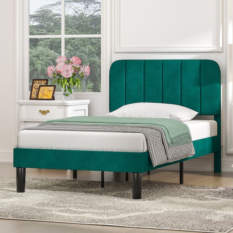 VECELO Velvet Upholstered Bed Frame with Vertical Channel Tufted Headboard, Adjustable Headboard, Wooden Slats Support - Green - Twin