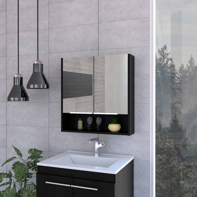 Medicine Cabinet with Mirror, Two Doors and Three Shelves, Light Gray Finish, Bathroom Storage Cabinet