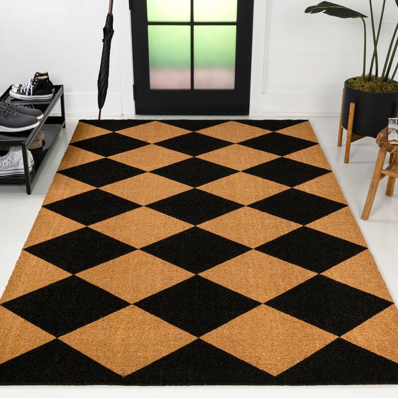 JONATHAN Y Classic Natural Coir Indoor/Outdoor Mat - Natural/Black Geo - 5 X 8