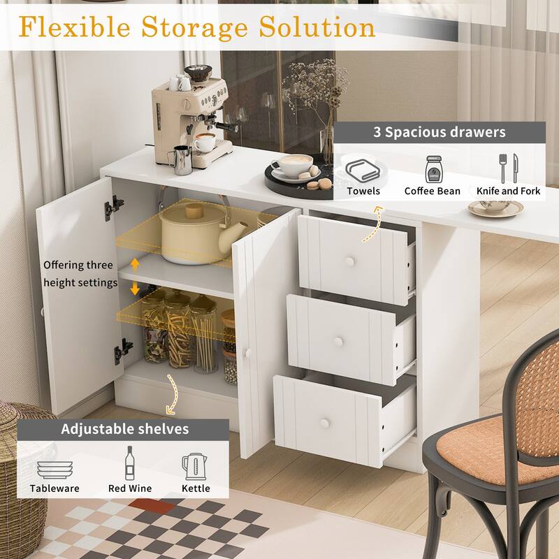 89.7" Wooden Sideboard Buffet Cabinet with Extendable Table, 2 Doors, 3 Drawers, Adjustable Shelf for Kitchen or Living Room