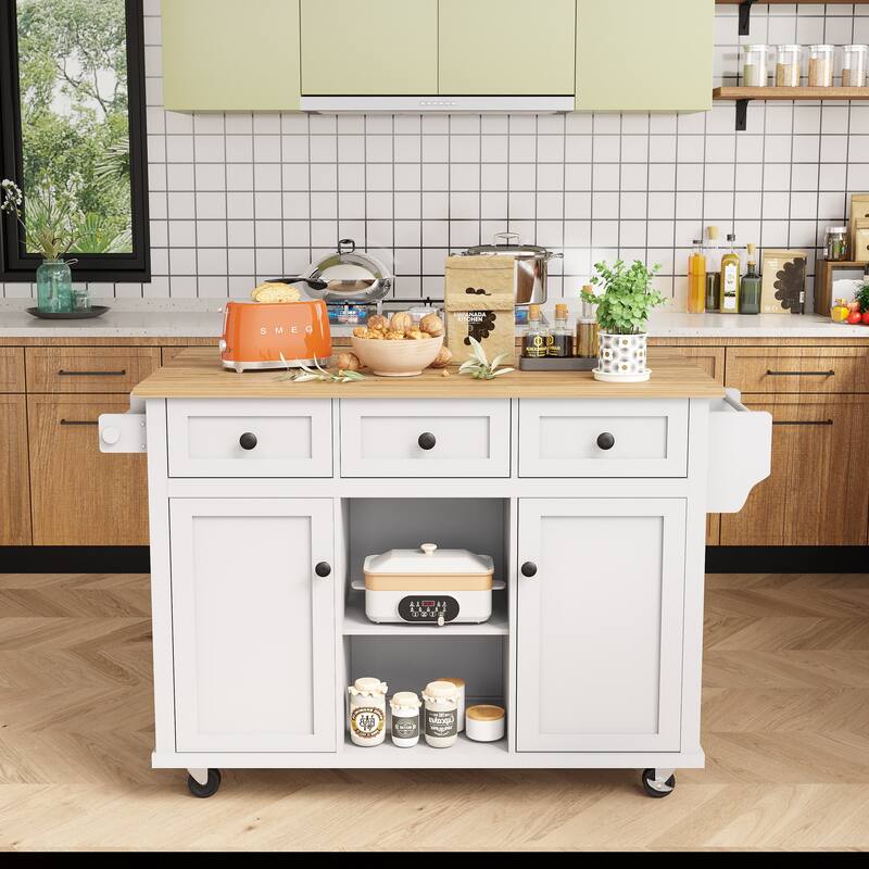 Kitchen Island on 5 Wheels with Storage Cabinet and 3 Drawers