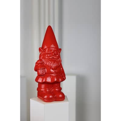 Gnome Holding Lantern Outdoor Garden Statue - 14.25" - Red