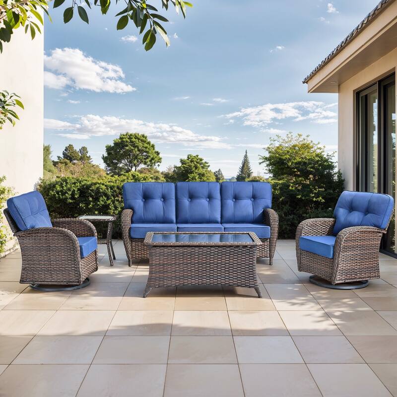 Gymojoy Outdoor Wicker Patio Furniture Set, 5" Thick Cushioned Rattan Set with Swivel Chairs & Coffee Table - Brown Wicker / Blue Cusion - 5-Piece