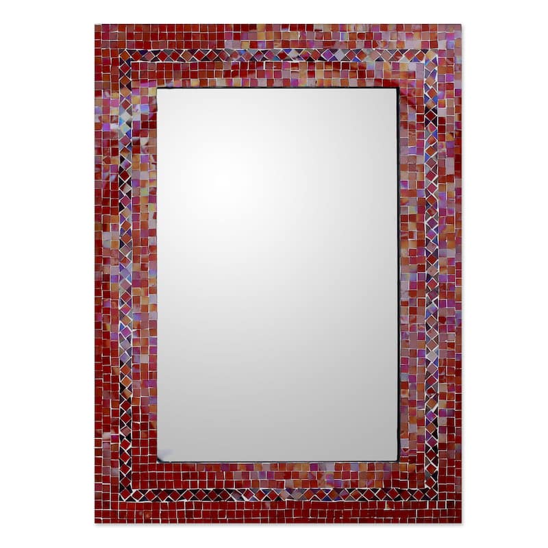 Handmade Mosaic Glass Sunset Myriad Glass Tiles Border Mirror(India) - Red