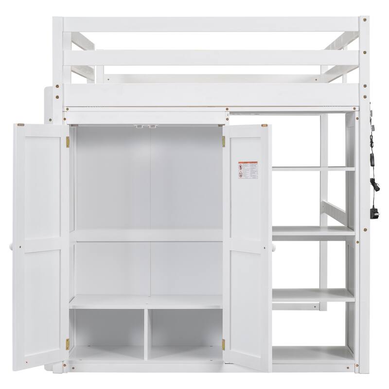 Full Size Loft Bed with Built-in Wardrobe and Storage Shelves, Modern Kids Teens Wood Bed Frame with Led Light