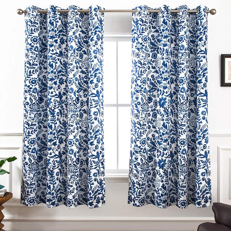 Porch & Den Ouzel Floral Watercolor Blackout Lined Window Curtain Panel Pair - 52" width x 63 " length - Navy
