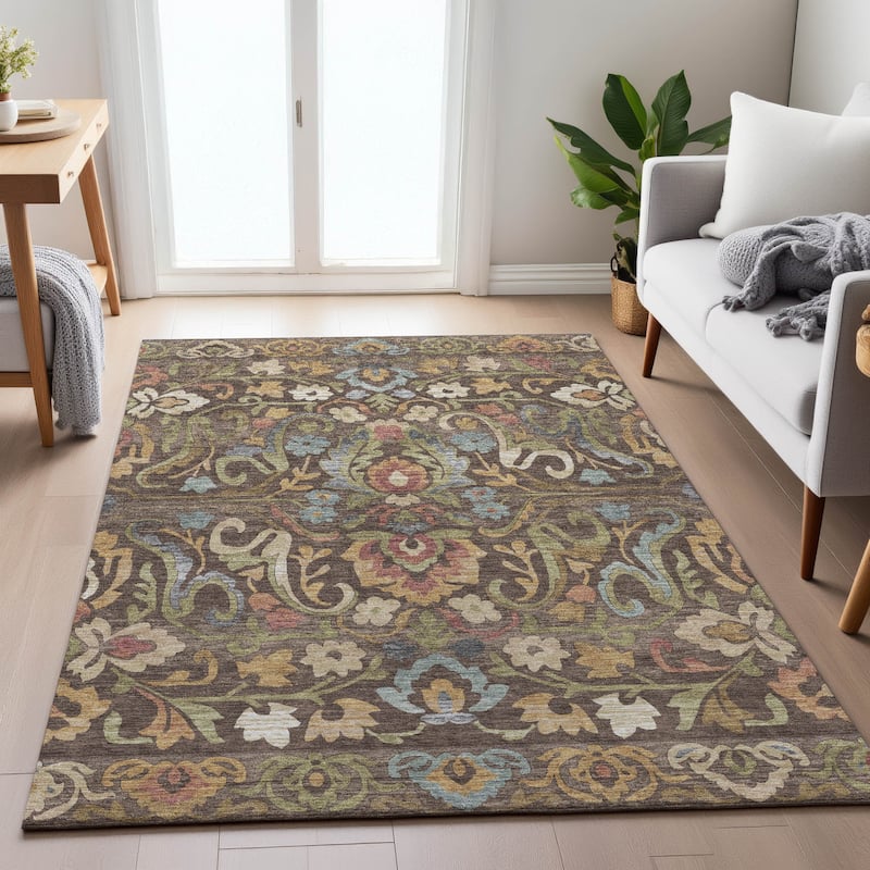 Machine Washable Indoor/Outdoor Floral Watercolor Chantille Rug