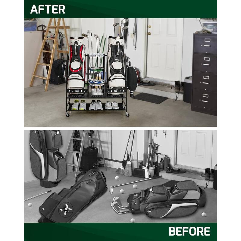 2 Golf Bag Stand Rolling Storage Rack for Clubs Shoes and Accessories