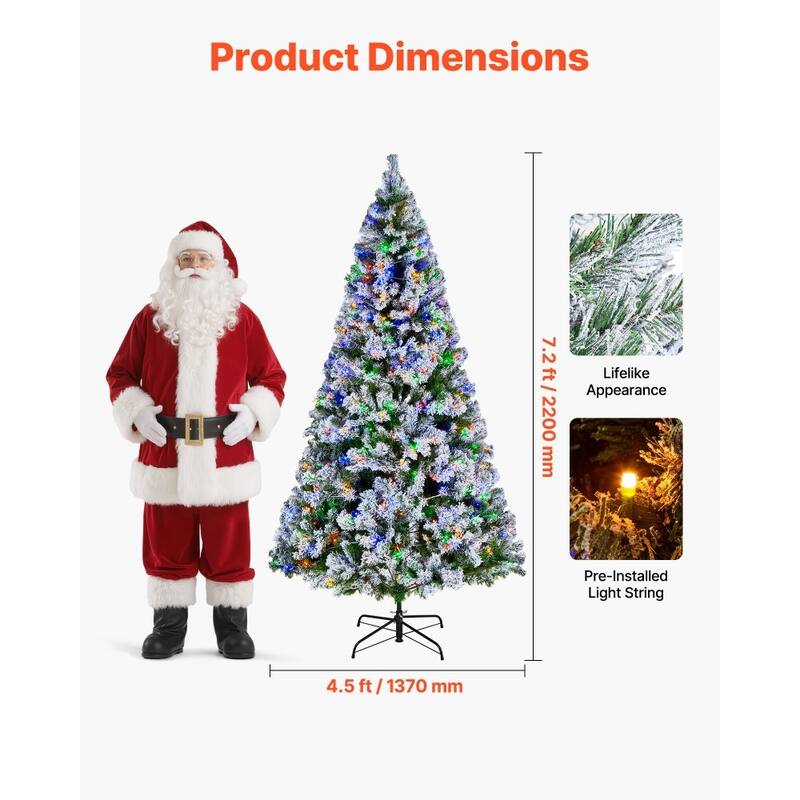 Green PVC and Iron 7.2x4.5 ft Snow Flocked Christmas Tree with 470 LED Lights - 4.5 x 7.2 ft
