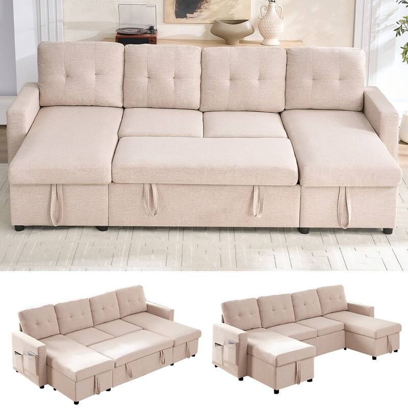 98"W 4-Seater Modular Sleeper Sofa Bed with Storage Chaise,U-shaped Sofa with Pull-out Bed