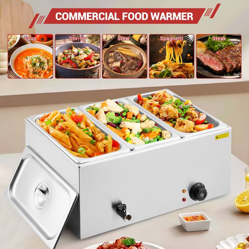 21QT Electric Commercial Food Warmer, Stainless Steel Bain Marie Steam Table Countertop Soup Station for Parties Buffet