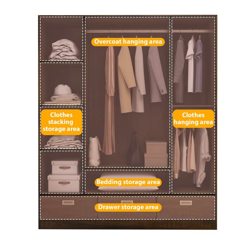 Brown Wood Grain Wardrobe with Drawers, Hanging Rod 4 Sliding Doors