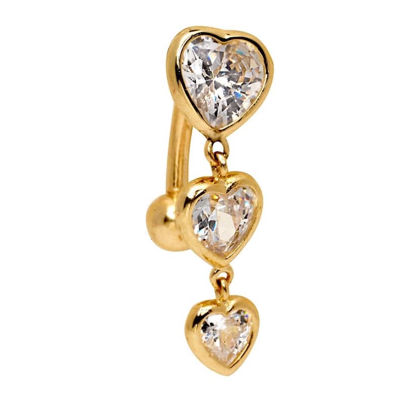 Curata Solid 14k Yellow or White Gold Graduated Heart Cubic Zirconia Top Mount Belly Button Ring Dangle (7mm x 24mm)