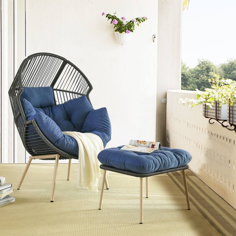Outdoor Egg Chair with Ottoman with Stand and Cushion - Blue - Black